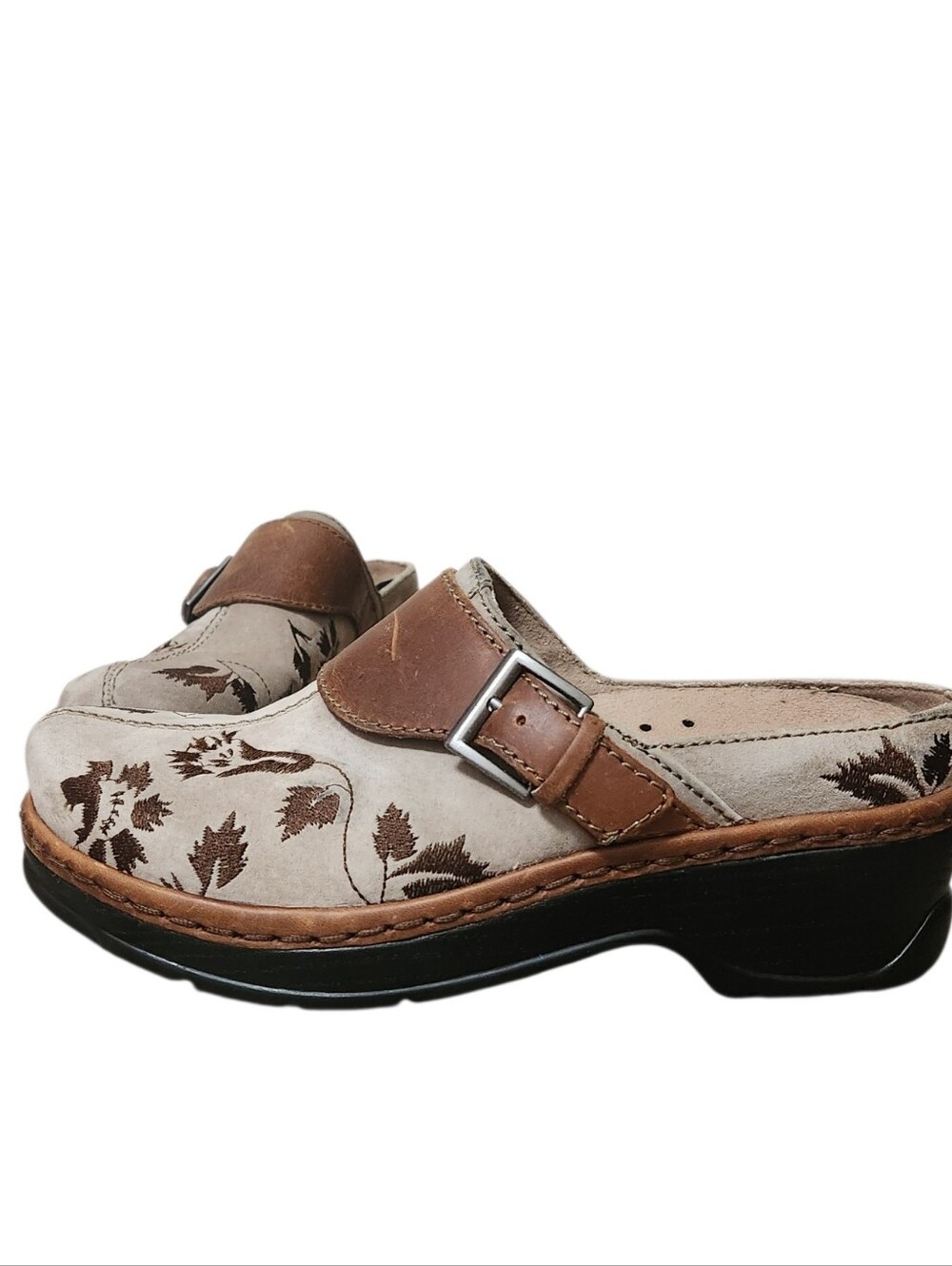 Klogs Austin Women 8M Taupe Beige Suede Tapestry Leather Floral Buckle Mule Clog